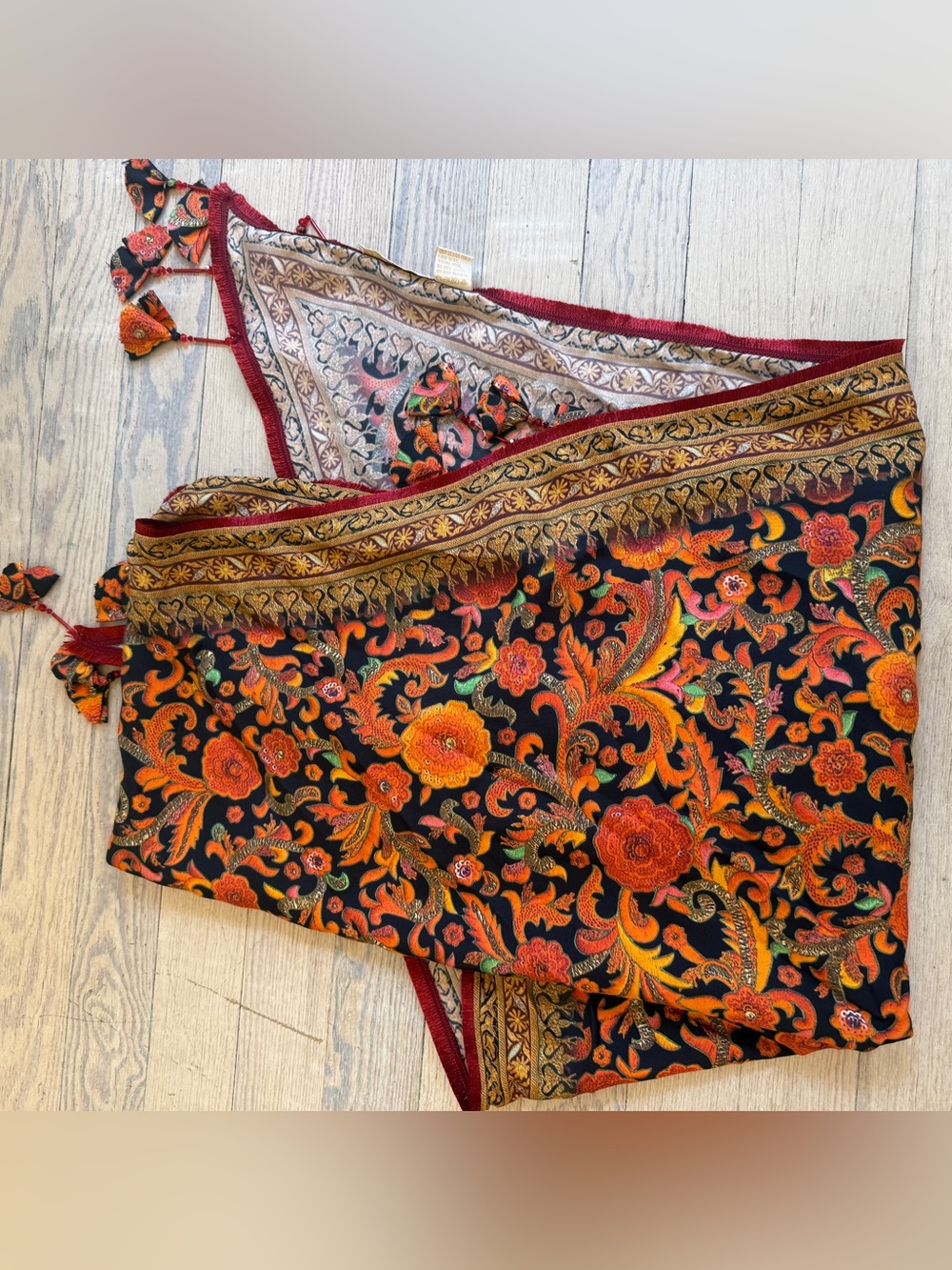 Tarun Tahiliani Women’s Silk Floral Paisley Beaded Tassel Scarf Shawl Wrap OS